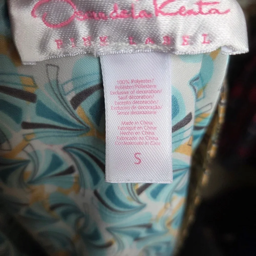 Oscar de‎ la Renta Pink Label Satin Robe S Turquoise Gold Fan Print Kimono Wrap